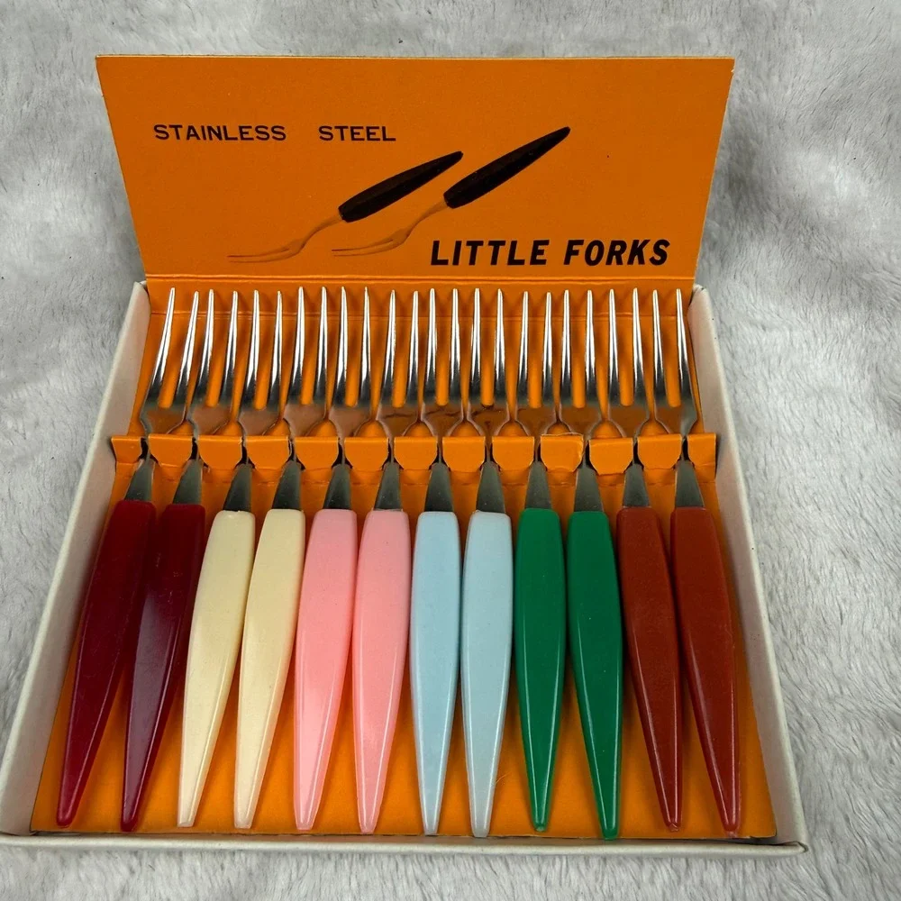 Vintage Little Fork Stainless Steel Appetizer Set 12pc Multi Color Mid Century